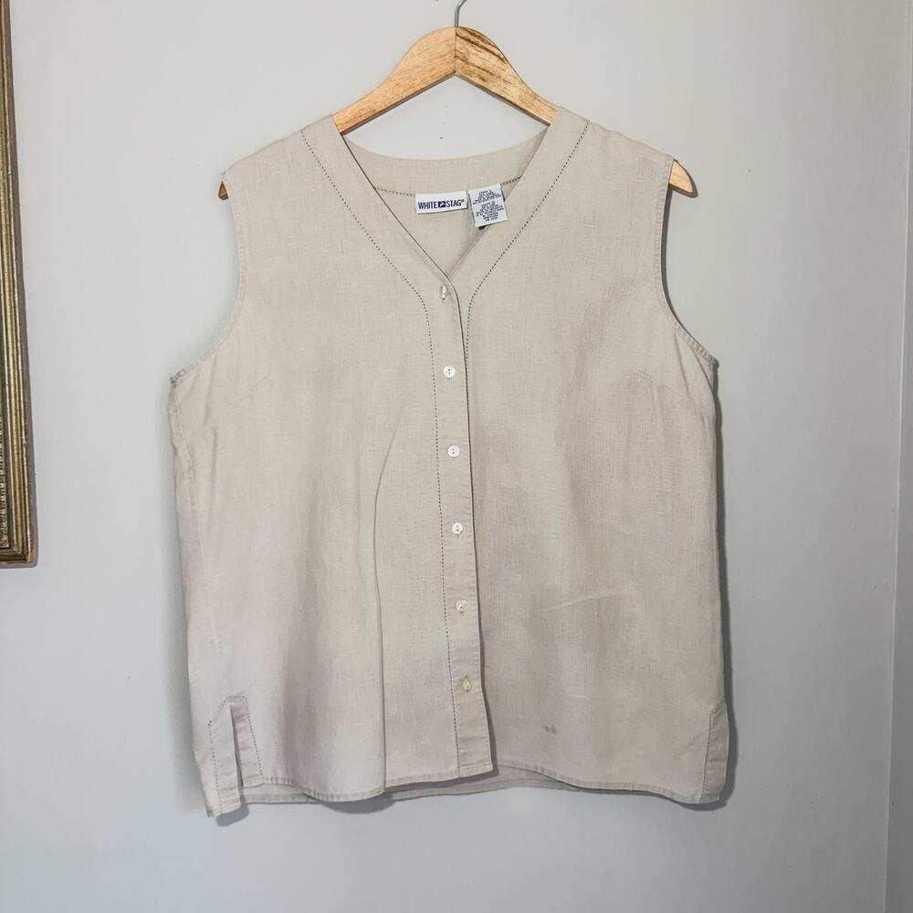 Vintage White Stag Linen Blend Beige V-Neck Button Up Vest Tank Top L